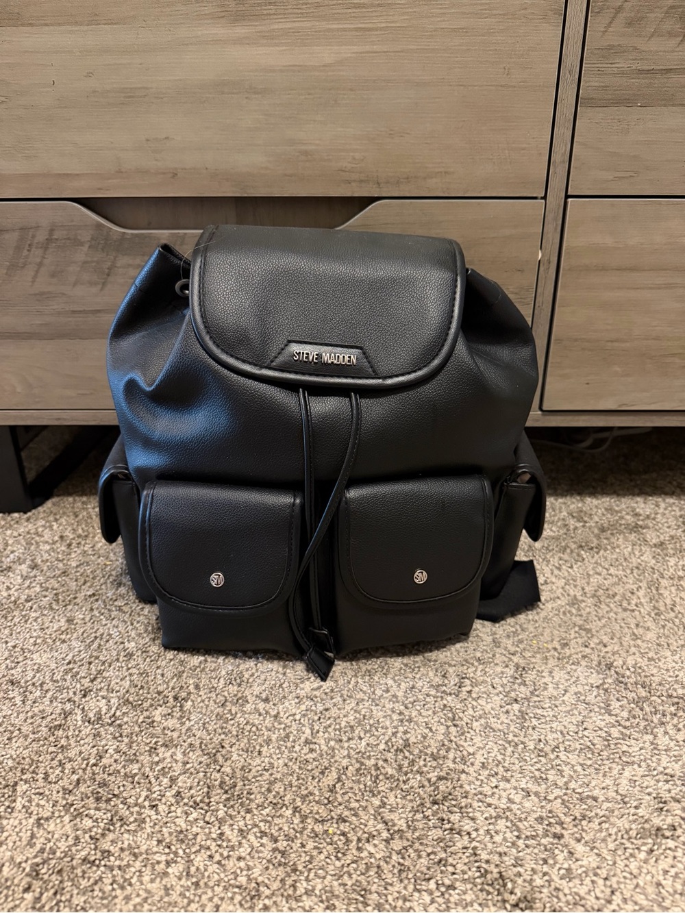 Steve Madden Black Pebbled Leather Drawstring Backpack